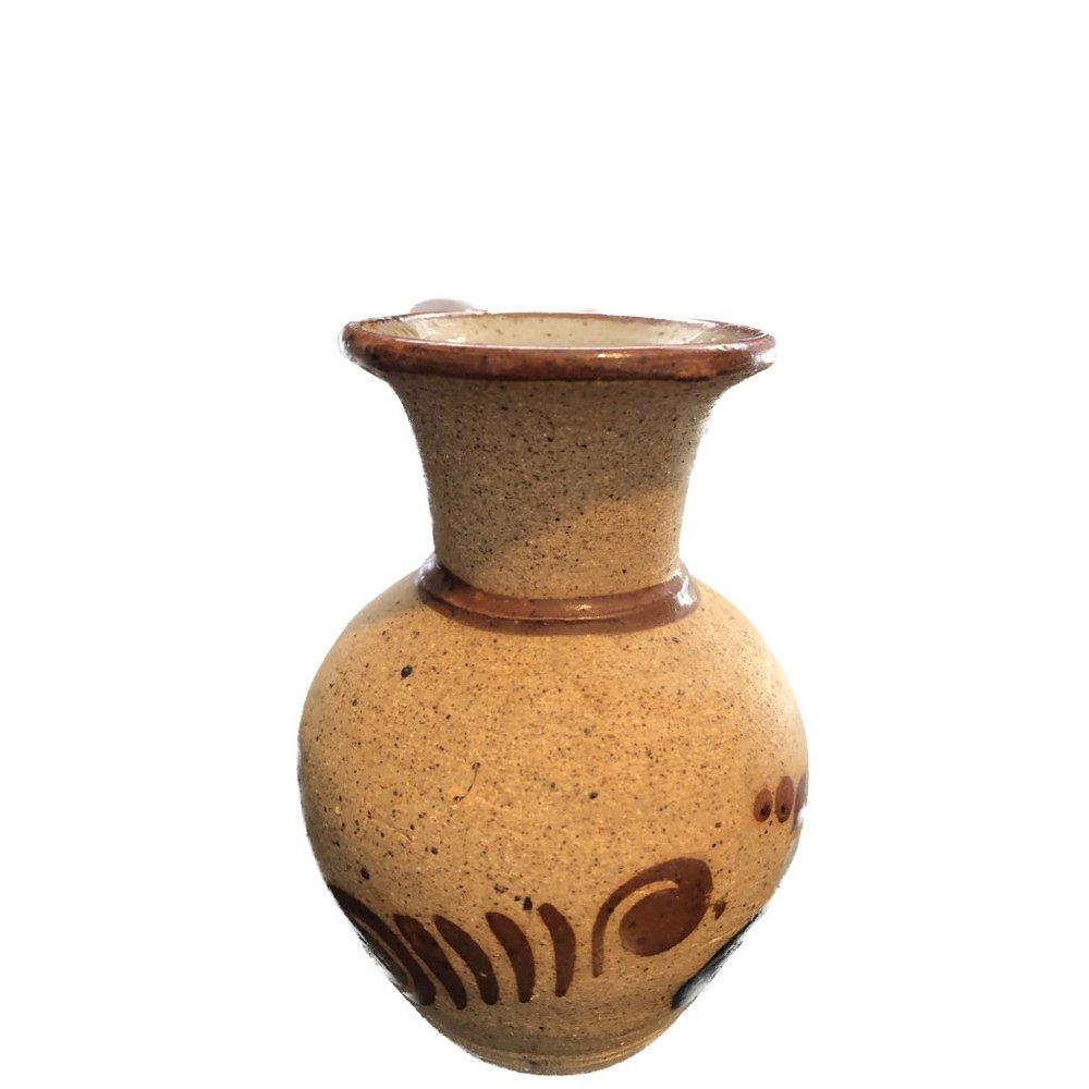 Sandstone Pottery Vase Hand Painted Blue Flowers signed Mexico - Picture 3 of 8